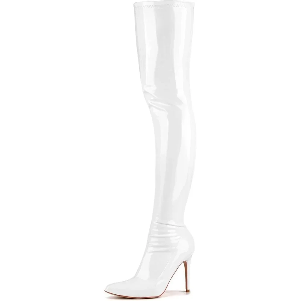Women White Patent pu Side Zipper Stiletto High Heel Over The Knee Comfy Boots